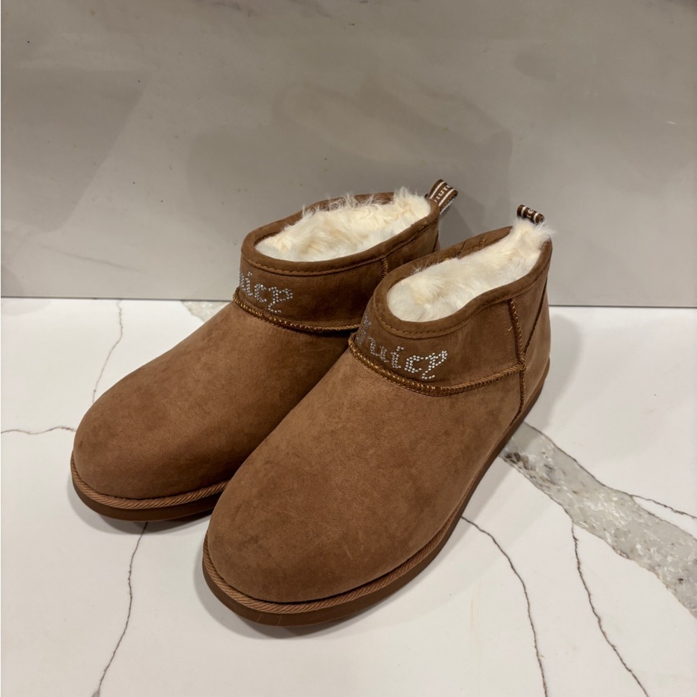 JUICY COURURE tan fur-lined women's slip on ankle boots